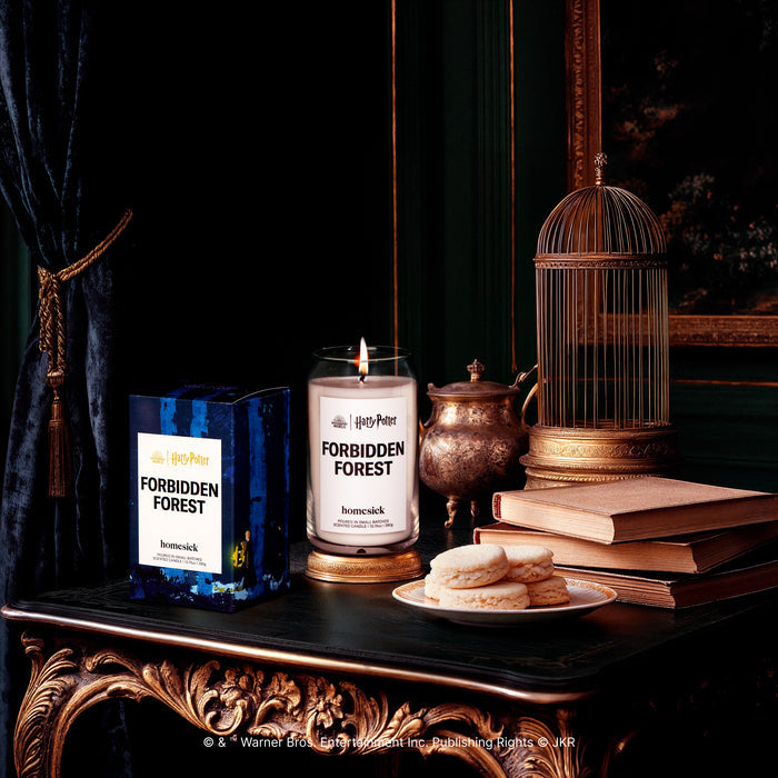 A lit Forbidden Forest Homesick candle displayed next to its boxed packaging decorative background with several props.
