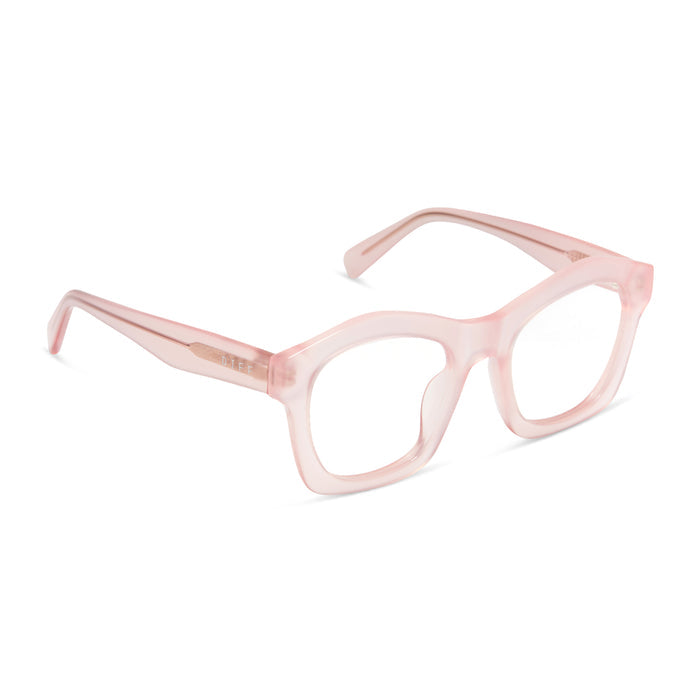 diff eyewear hayden square glasses with a rose tea pink acetate frame and prescription lenses angled view