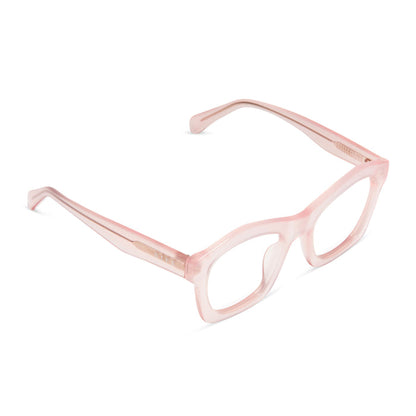 diff eyewear hayden square glasses with a rose tea pink acetate frame and prescription lenses detailed view