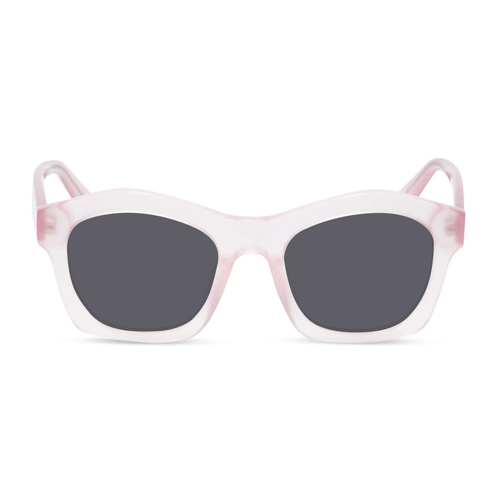 diff eyewear hayden square prescription sunglasses with a rose tea pink acetate frame and grey prescription lenses front view