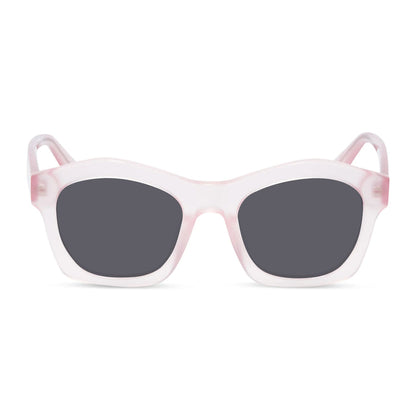 diff eyewear hayden square prescription sunglasses with a rose tea pink acetate frame and grey prescription lenses front view