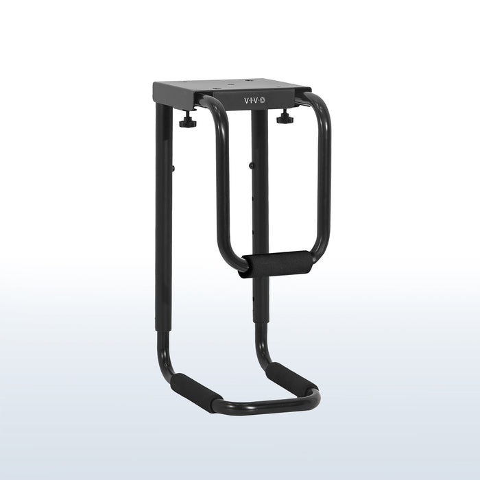 Sturdy under desk PC mount with adjustable width and height and protective padding included.