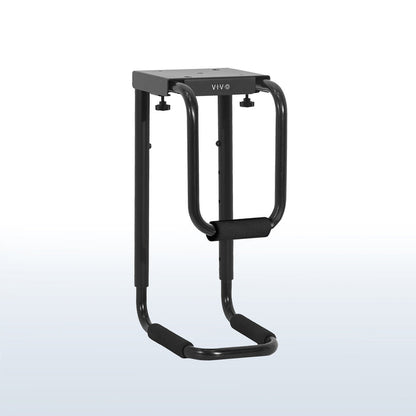 Sturdy under desk PC mount with adjustable width and height and protective padding included.