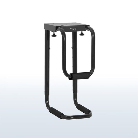 Sturdy under desk PC mount with adjustable width and height and protective padding included.