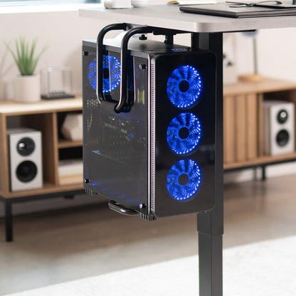 Sturdy under desk PC mount with adjustable width and height and protective padding included.
