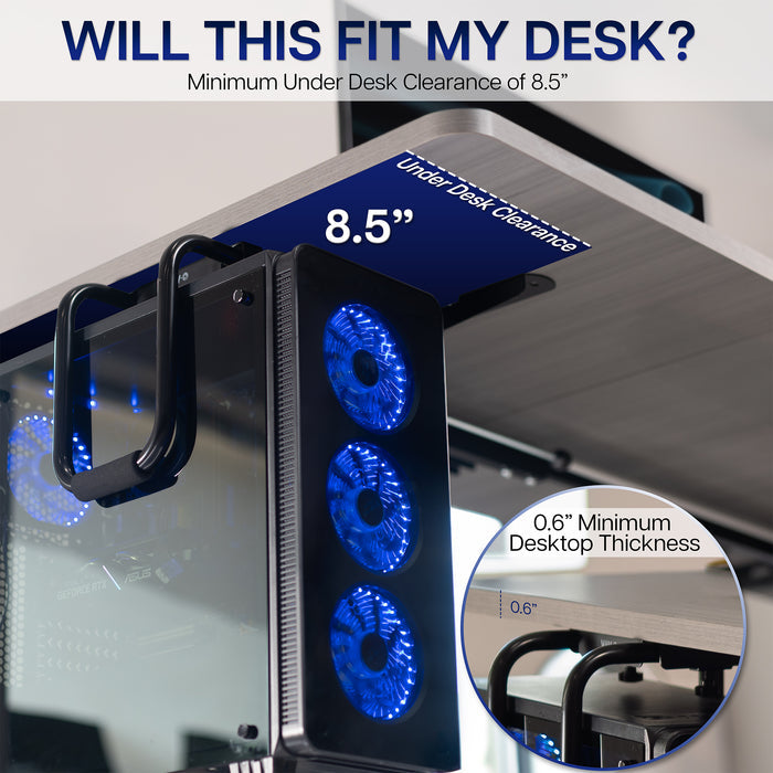 Sturdy under desk PC mount with adjustable width and height and protective padding included.