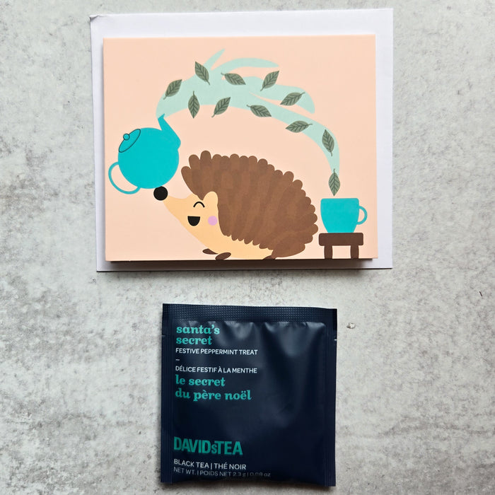 Hedgehog Pouring Tea Greeting Card + Tea Bag