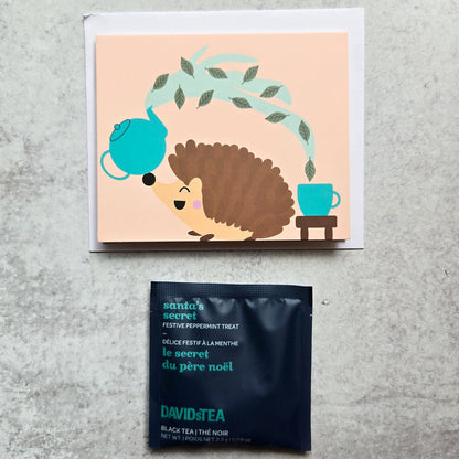 Hedgehog Pouring Tea Greeting Card + Tea Bag