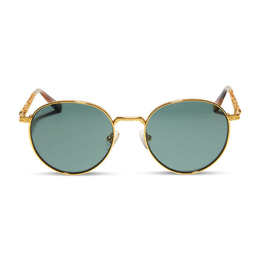 harry potter x diff eyewear hermoine granger round sunglasses with a gold frame and grey lenses front view