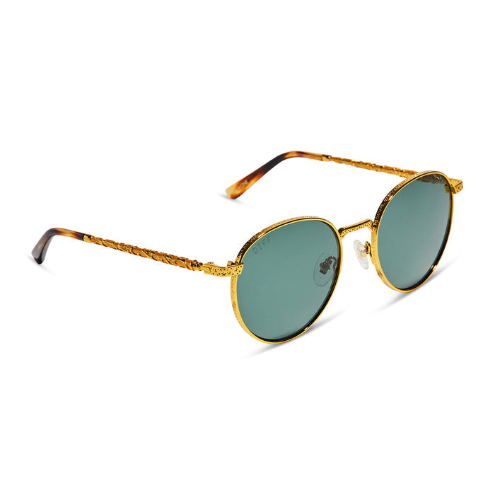 harry potter x diff eyewear hermoine granger round sunglasses with a gold frame and grey lenses angled view