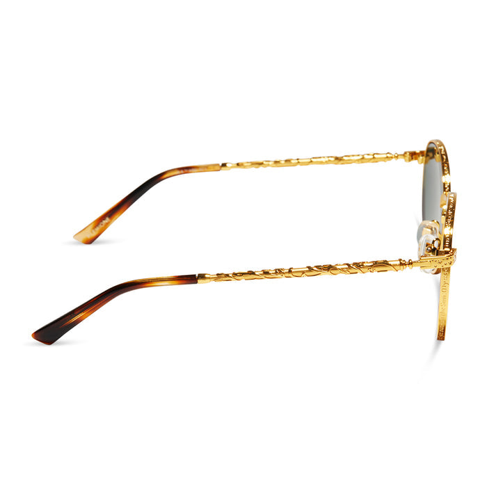 harry potter x diff eyewear hermoine granger round sunglasses with a gold frame and grey lenses side view