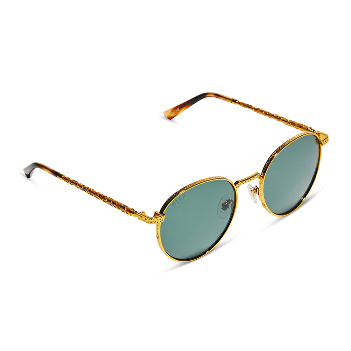 harry potter x diff eyewear hermoine granger round sunglasses with a gold frame and grey lenses detailed view