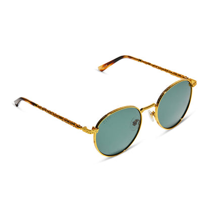 harry potter x diff eyewear hermoine granger round sunglasses with a gold frame and grey lenses detailed view