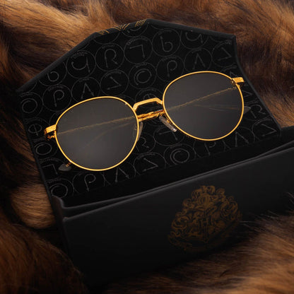 lifestyle - harry potter x diff eyewear hermione granger sunglasses sitting on open harry potter case and lions mane rug