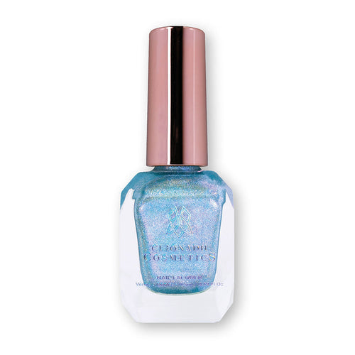 Bottle of nail polish containing Holoberry Pie Nail Lacquer on a white background. A soft blue linear holographic with cobalt/indigo shimmer.