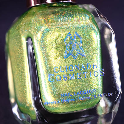Close-up, angled shot of Holondaise Nail Lacquer bottle on a black background.