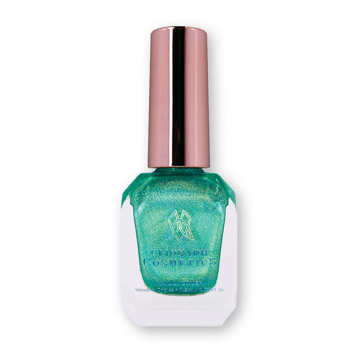 Bottle of nail polish containing Holopeño Nail Lacquer on a white background. A green linear holographic with bright green/aqua shimmer.