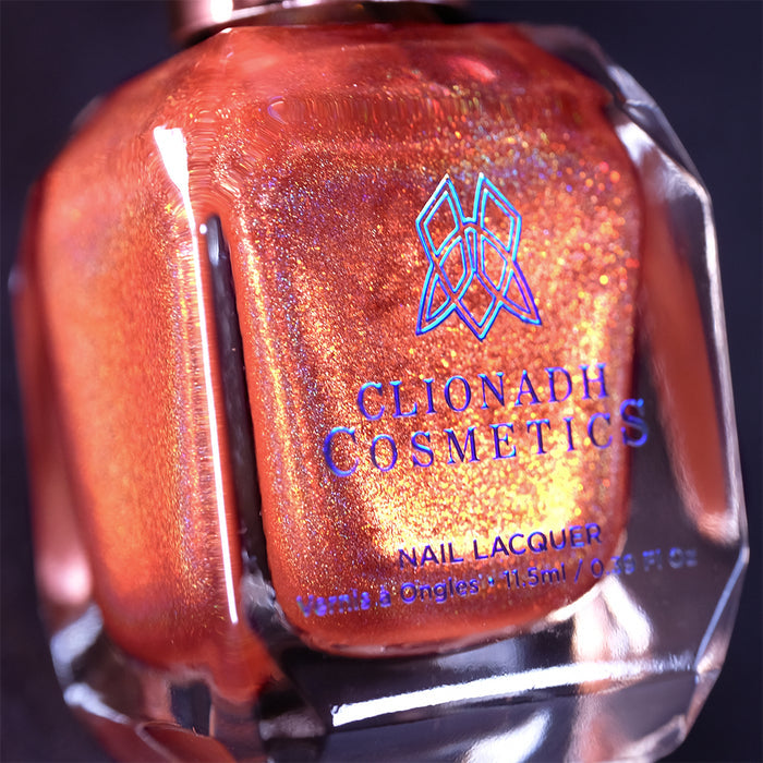 Close-up, angled shot of Holoritos Nail Lacquer bottle on a black background.