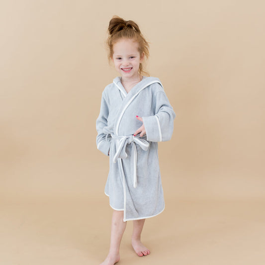 Child wearing Hooded Bath Robe in Storm with Cloud Trim