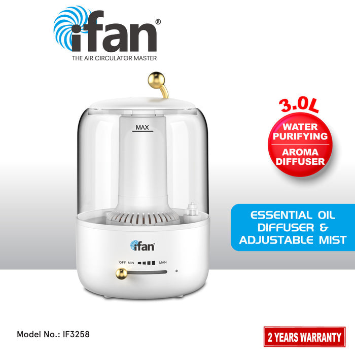 iFan 3L Humidifier Crystal Clear Diffuser Ultrasonic Mist Humidifier Essential Oil Silent Aromatherapy Diffuser (IF3258)