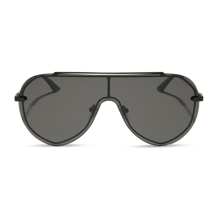 diff eyewear featuring the imani shield sunglasses with a black frame and grey lenses front view