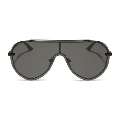 diff eyewear featuring the imani shield sunglasses with a black frame and grey lenses front view