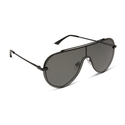 diff eyewear featuring the imani shield sunglasses with a black frame and grey lenses angled view