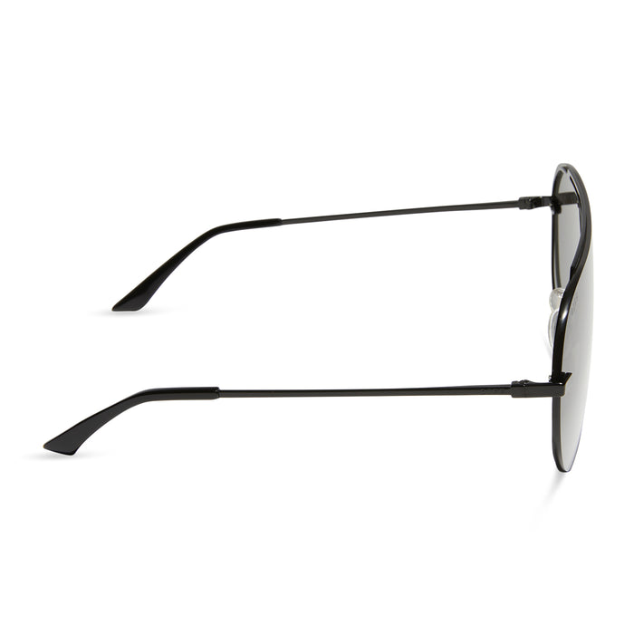 diff eyewear featuring the imani shield sunglasses with a black frame and grey lenses side view
