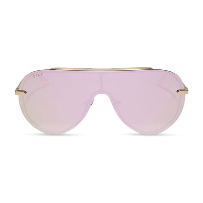 diff eyewear featuring the imani shield sunglasses with a gold frame and cherry blossom mirror lenses front view