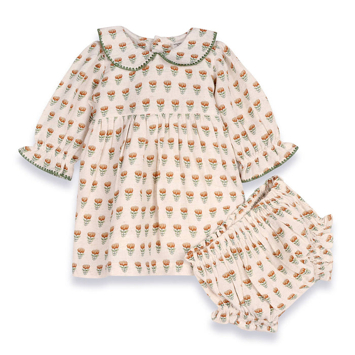 Ina Block Print Floral Baby Dress & Bloomer Set (Linen)