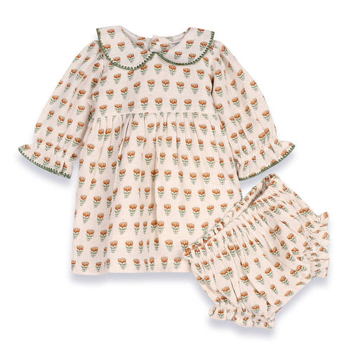 Ina Block Print Floral Baby Dress & Bloomer Set (Linen)