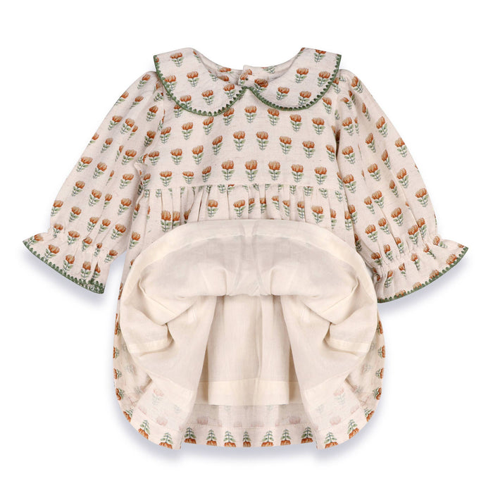 Ina Block Print Floral Baby Dress & Bloomer Set (Linen)