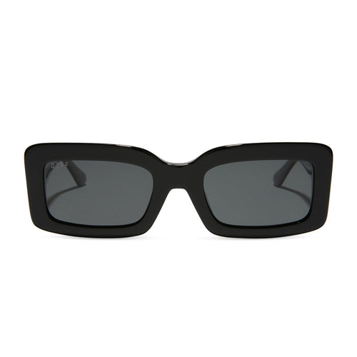 diff eyewear indy rectangular sunglasses with a black acetate frame and grey polarized lenses front view