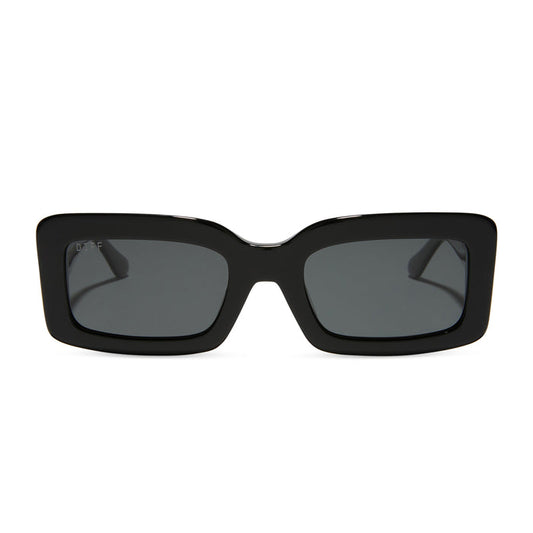 diff eyewear indy rectangular sunglasses with a black acetate frame and grey polarized lenses front view
