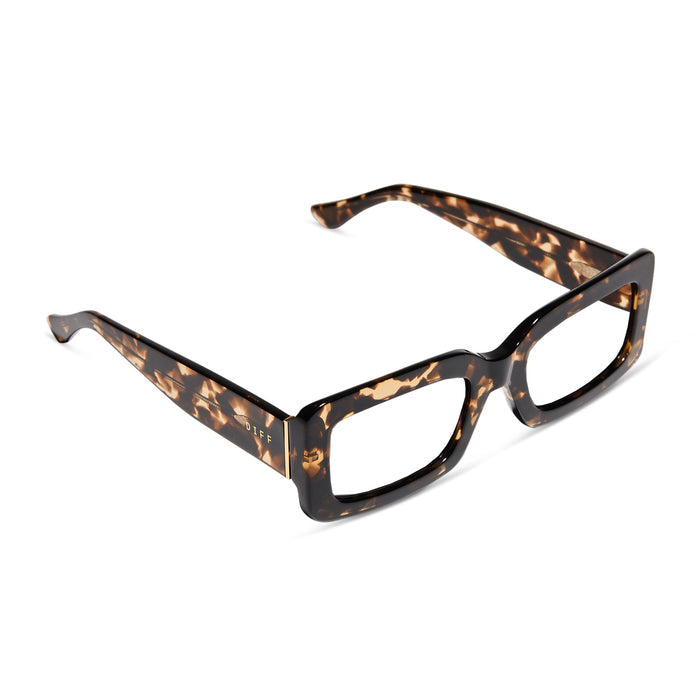 diff eyewear indy square glasses with a espresso tortoise frame and prescription lenses angled view