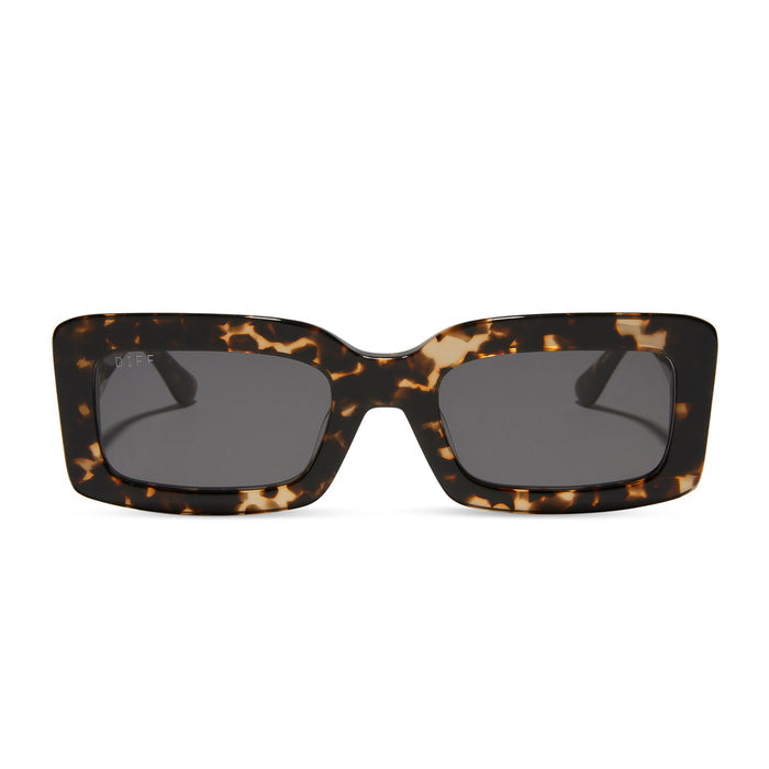 diff eyewear indy rectangular sunglasses with a espresso tortoise acetate frame and grey lenses front view