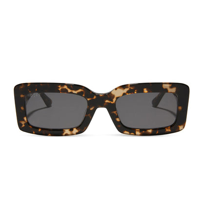 diff eyewear indy rectangular sunglasses with a espresso tortoise acetate frame and grey lenses front view