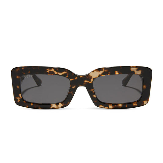 diff eyewear indy rectangular sunglasses with a espresso tortoise acetate frame and grey lenses front view