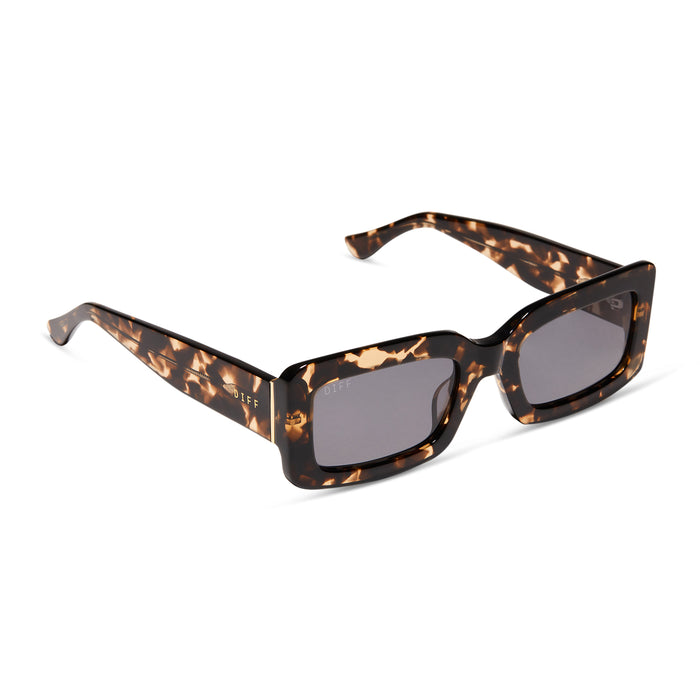 diff eyewear indy rectangular sunglasses with a espresso tortoise acetate frame and grey lenses angled view
