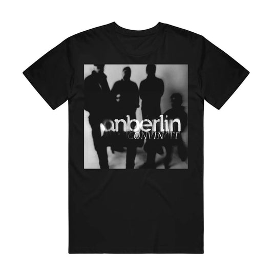 Anberlin Black Invert T-Shirt. A black and white image of the band making them look like shadow figures is printed in a square on the front of the shirt. the words "Anberlin" and " Convinced" are printed in a faded style over the bottom left corner of the image.