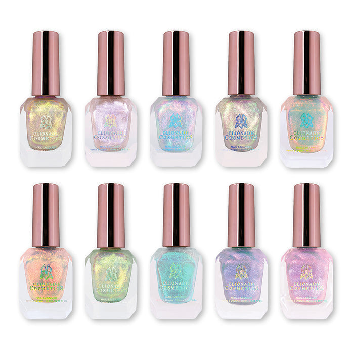 Ten bottles of nail polish containing Iridescent Topper Nail Lacquers on a white background.
