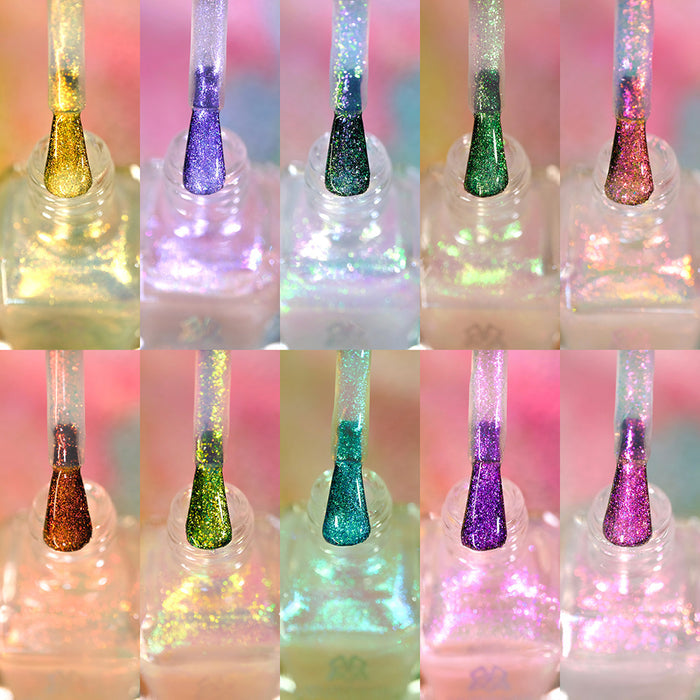 Collage of 10 Iridescent Topper Nail Lacquer bottles with brushes showing.