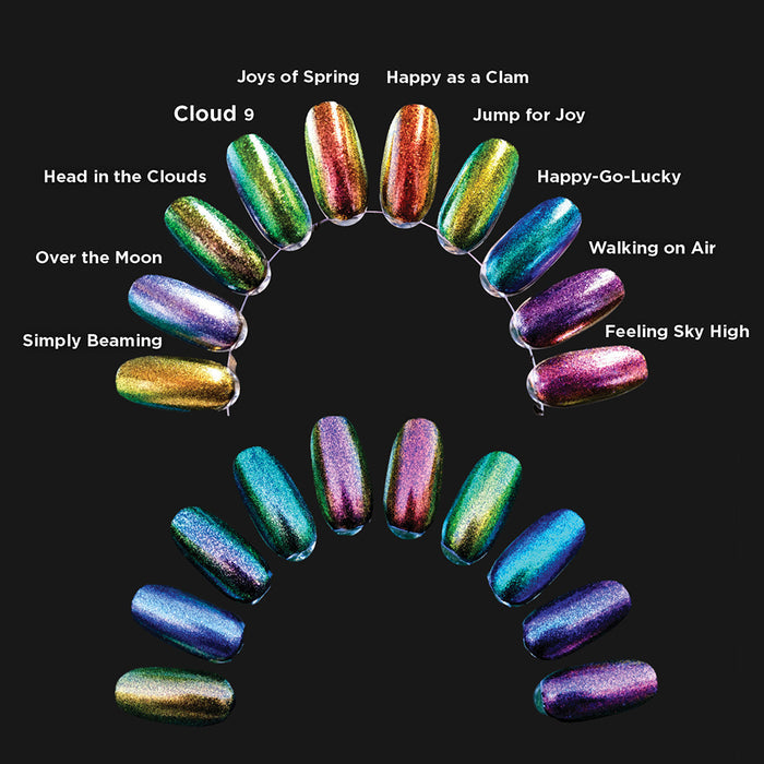 Swatches on a swatch ring of all 10 Iridescent Topper Nail Lacquers done over a black base.