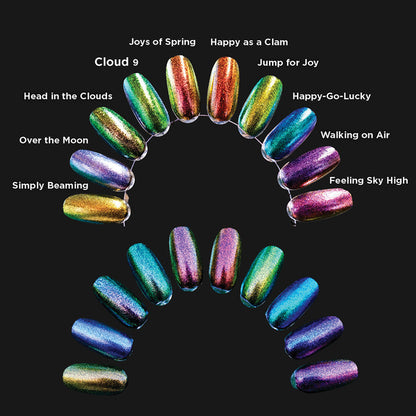 Swatches on a swatch ring of all 10 Iridescent Topper Nail Lacquers done over a black base.
