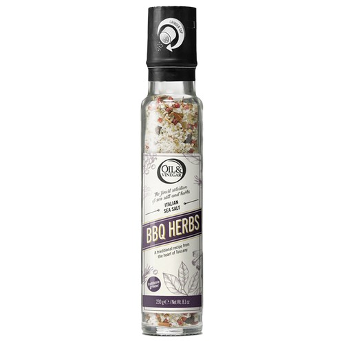 A tall, slender container of Italian sea salt with BBQ herbs, featuring a black cap and a label that showcases the product name and the brand, Oils & Vinegar. The container is filled with a mix of sea salt and herbs, some of which are visible at the bottom.
