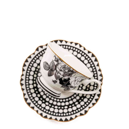 Jenna Clifford Black Rose Cup & Saucer - Black & White