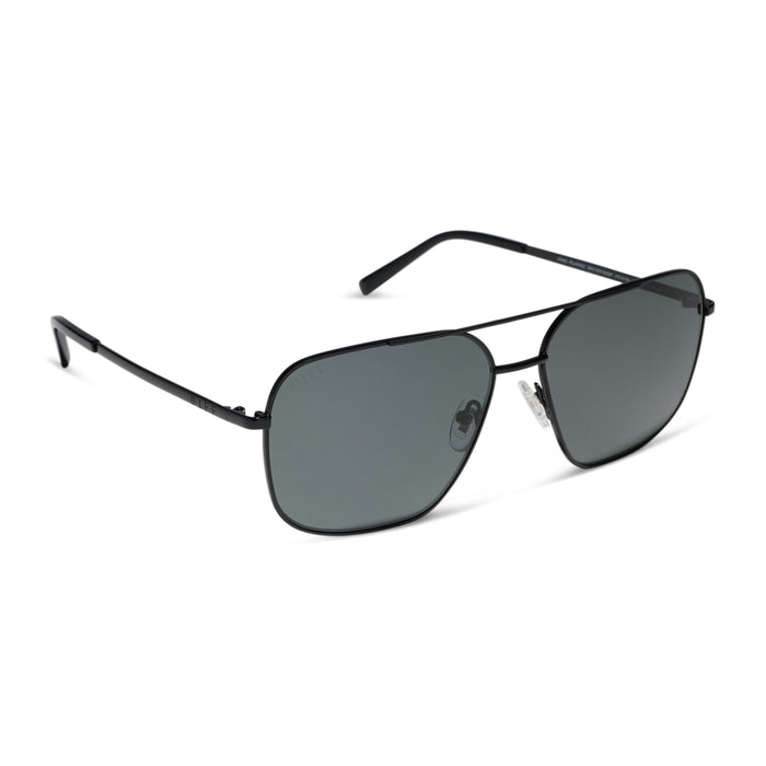 diff eyewear jonas aviators in a black frame and solid grey polarized lens angled view