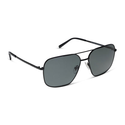 diff eyewear jonas aviators in a black frame and solid grey polarized lens angled view