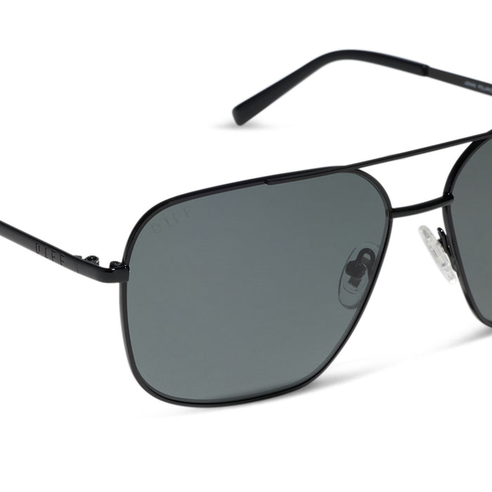 diff eyewear jonas aviators in a black frame and solid grey polarized lens detailed view