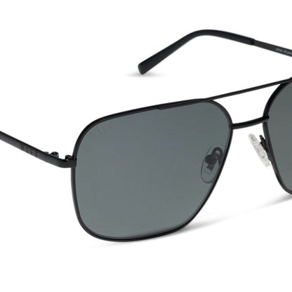 diff eyewear jonas aviators in a black frame and solid grey polarized lens detailed view